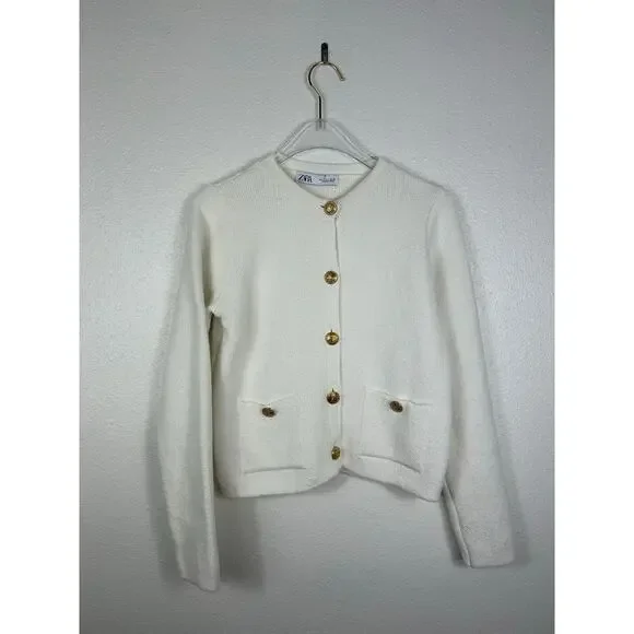 Zara Knit Gold Button Cardigan White Small Quiet Luxary Office Business Casual - Picture 3 of 8